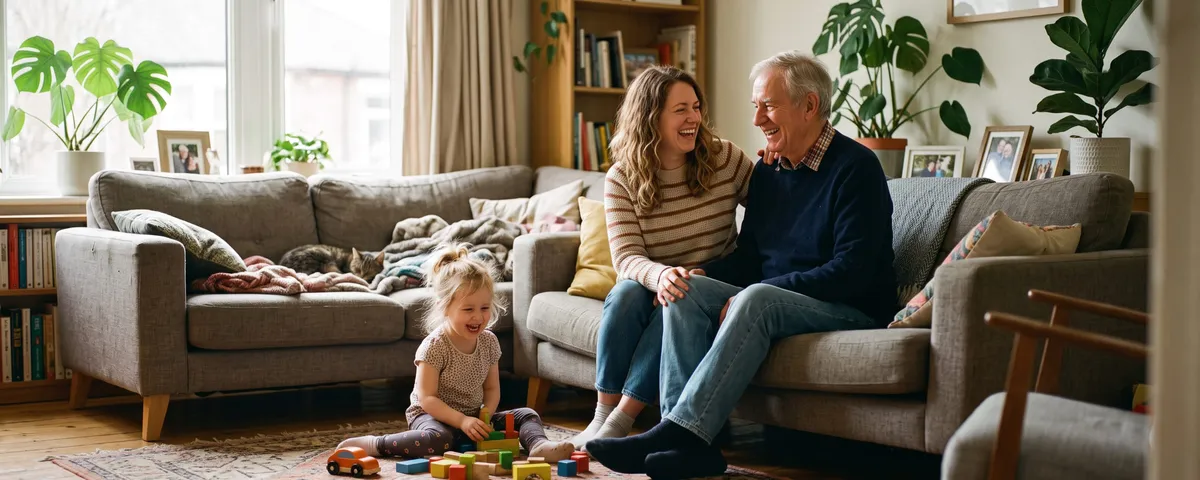 Grandparents and a young child together in the family living room