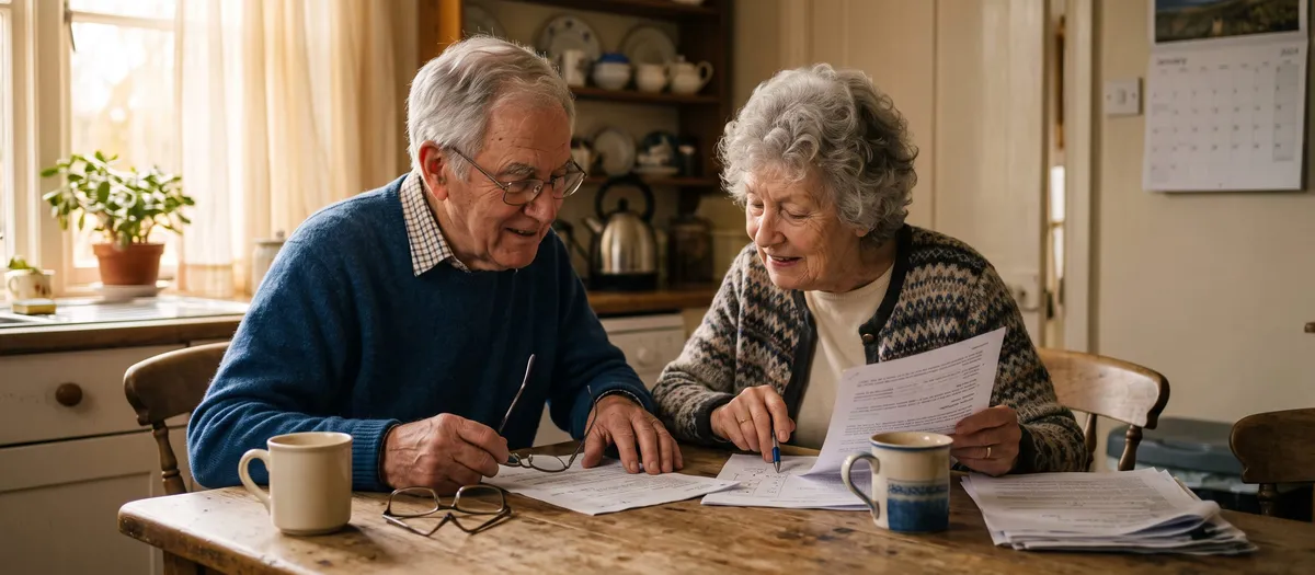 Older couple reviewing estate documents together at their kitchen table