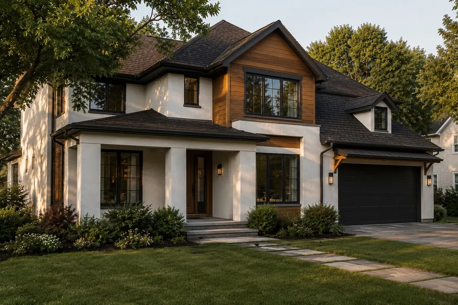 Two story family home with a landscaped front yard in evening light