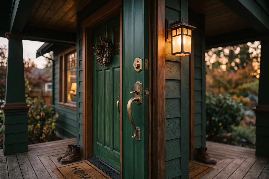 Craftsman front door with a lit porch lantern at dusk