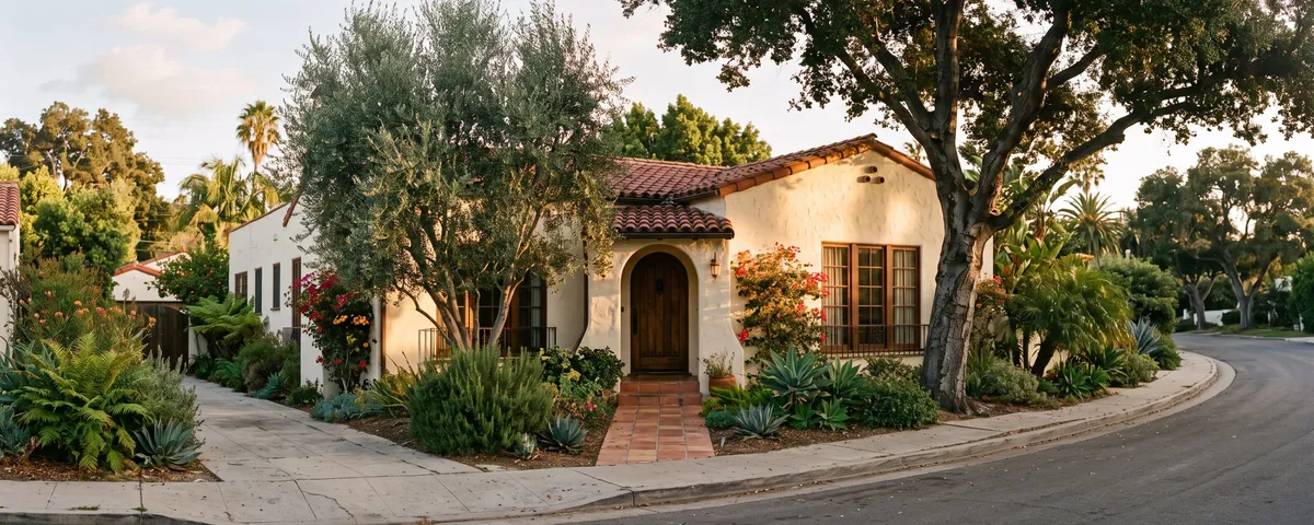 Spanish style Los Angeles home with mature trees in late afternoon light