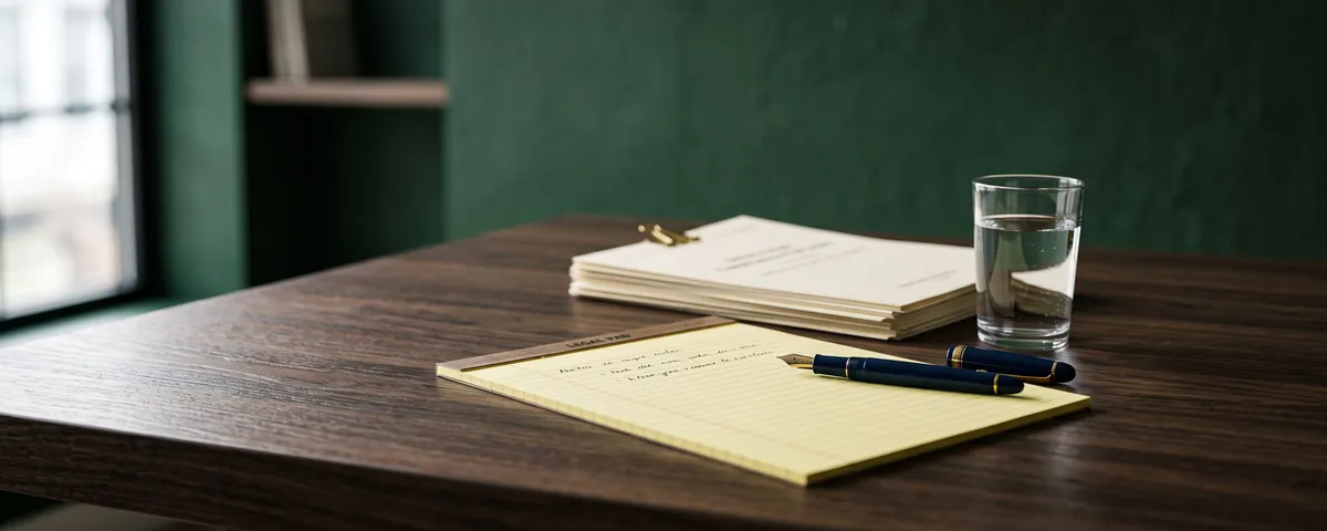 Legal pad, pen, and papers on a conference table in morning light
