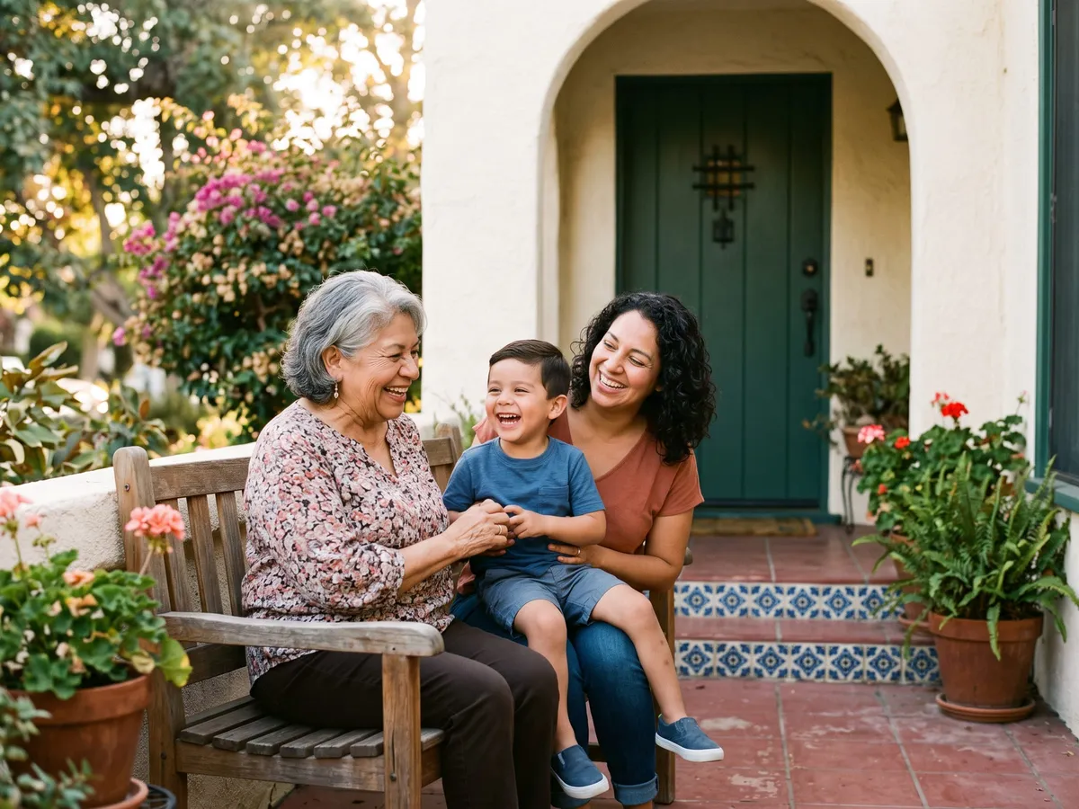 Three generations of a family on the front porch of a Spanish style California home