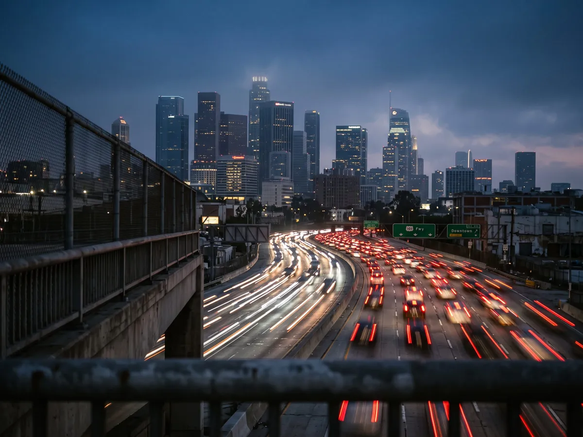 Evening traffic on a Los Angeles freeway with the downtown skyline at dusk