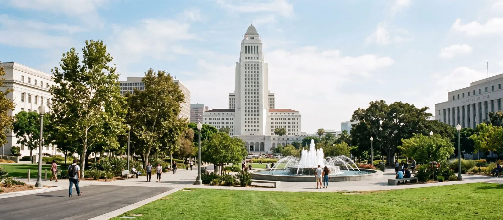 Grand Park and Los Angeles City Hall on a clear day