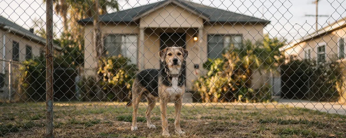 Dog standing behind a chain link fence outside a Los Angeles home