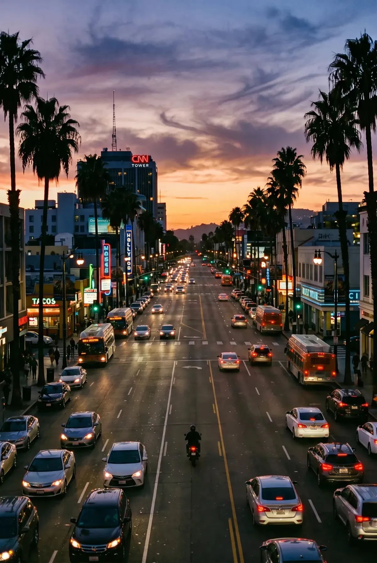 Hollywood Boulevard at dusk with dense traffic, palm trees, and lit signs