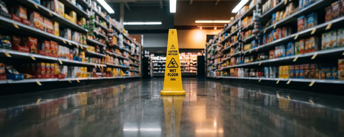 Yellow caution sign on a polished grocery store floor