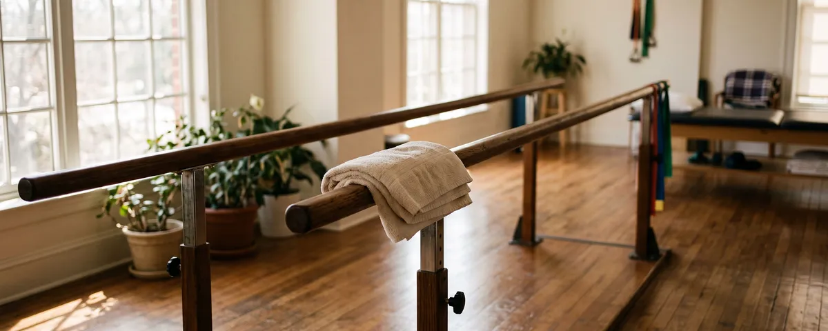 Wooden parallel walking bars in a quiet rehabilitation room lit by tall windows