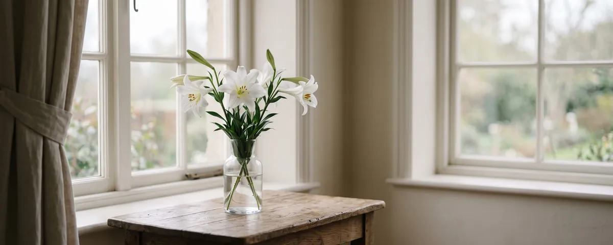 White lilies in a glass vase on a small table beside a bright window
