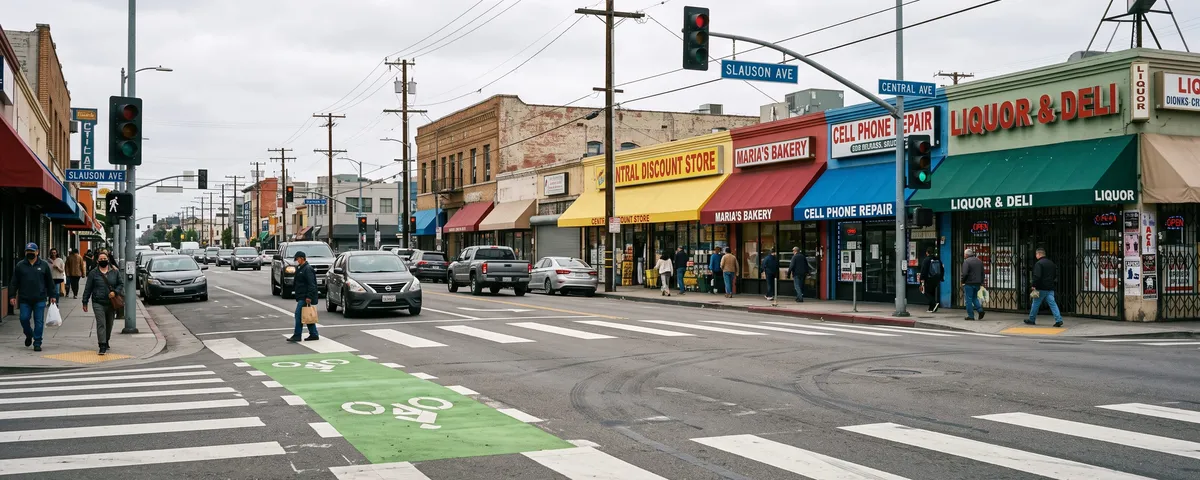 Los Angeles commercial street with a marked crosswalk and a painted green bike lane