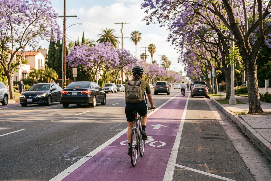 Cyclist riding in a marked bike lane on a jacaranda lined Los Angeles street