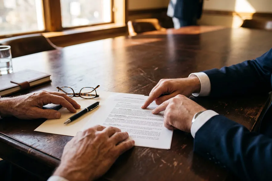 Attorney and client reviewing a document together across a conference table