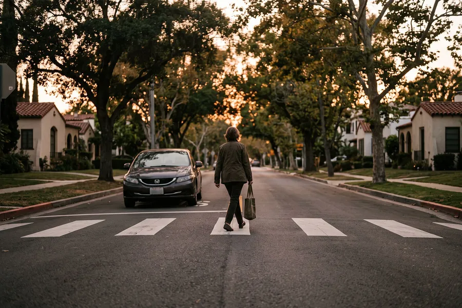 Pedestrian crossing a residential street in a marked crosswalk at dusk while a car waits