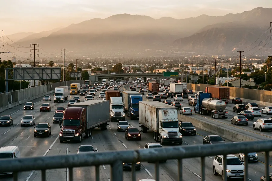 Semi trucks in heavy freeway traffic with the San Gabriel Mountains behind