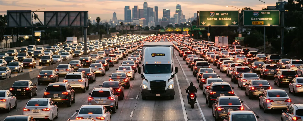 Dense Los Angeles freeway traffic with a semi truck and a motorcycle among the cars