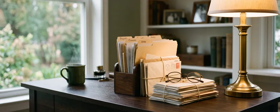 Organized folders, bundled letters, and reading glasses on a desk by a window