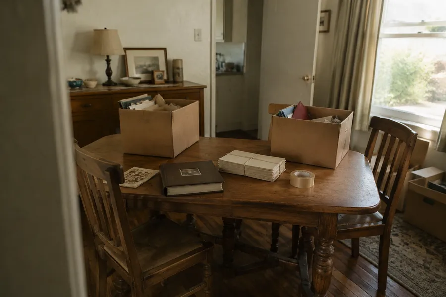 Cardboard boxes of family papers, a photo album, and bundled letters on a dining table