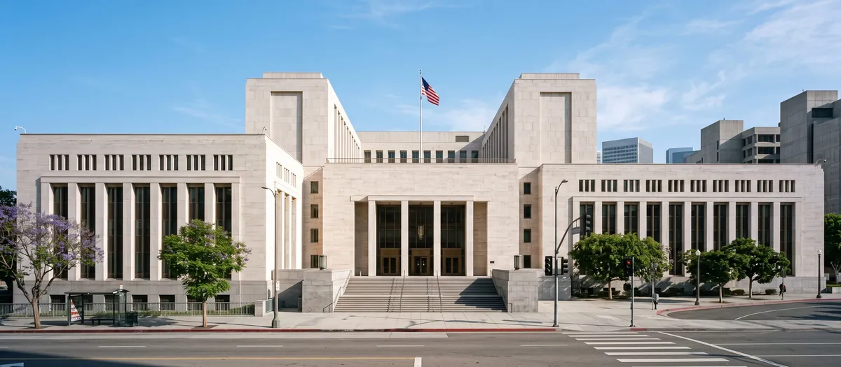 Front steps and columns of the Stanley Mosk Courthouse in downtown Los Angeles